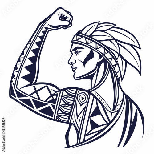 Flexed bicep icon with geometric patterns and metallic texture