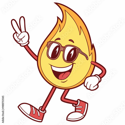 Happy cartoon flame wearing sunglasses and giving peace sign