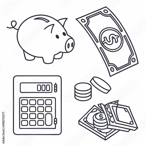 Line style finance icons: piggy bank, dollar bill, safe, calculator, coins