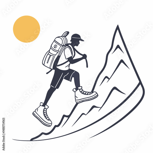 Minimal mountain hike icon with sun and adventure vibe