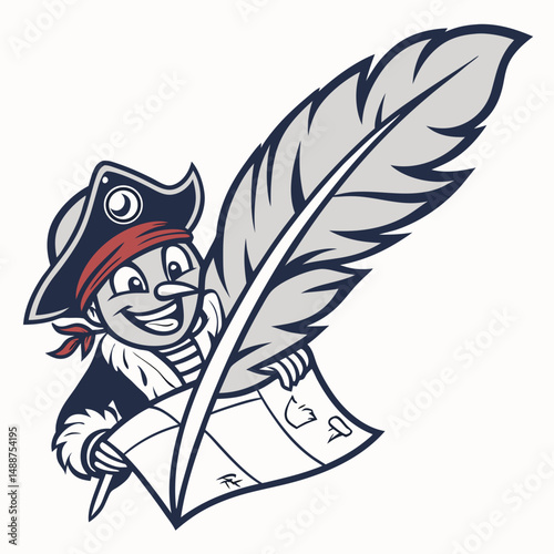 Feather pirate icon with hat, eye patch, and map