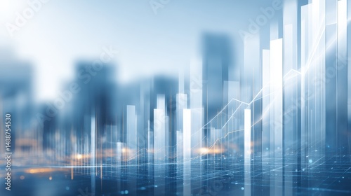 Abstract digital cityscape with glowing financial charts and graphic elements representing growth and innovation in an urban environment
