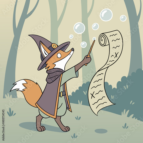 Wizard fox casting sparkly spells from floating ancient scroll