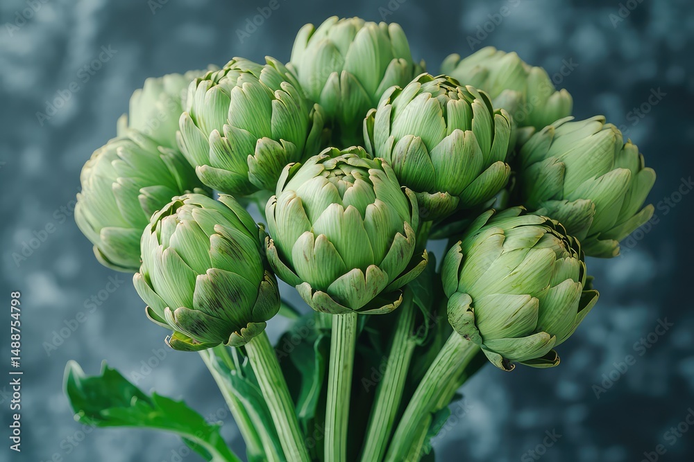 Obraz premium A cluster of fresh artichokes on a stem isolated against a transparent backdrop