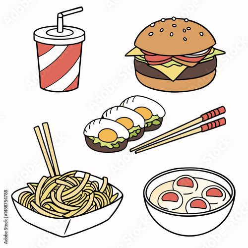 Realistic icons of ramen, sushi, burger, fries, nuggets, soft drink