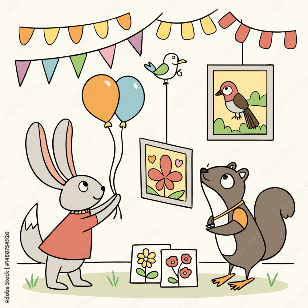 Obraz premium Playful cartoon animals curating a whimsical art exhibition event