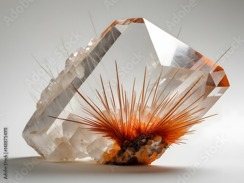 Quartz Crystal Cluster with Rutilated Fibers: A mesmerizing specimen of a large, clear quartz crystal cluster adorned with vibrant orange rutilated fibers.