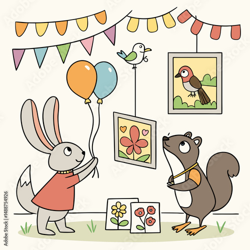 Playful cartoon animals curating a whimsical art exhibition event