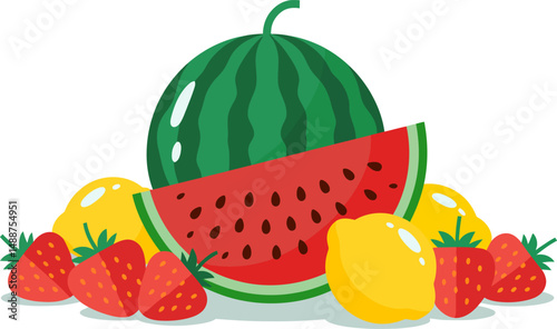 Watermelon, Raspberries, Blueberries & Orange , Summer Fruit Illustration