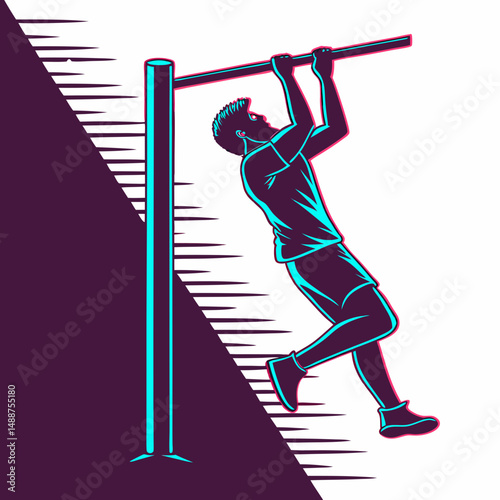 Pull-up bar silhouette with strong contrast and digital glitch effect