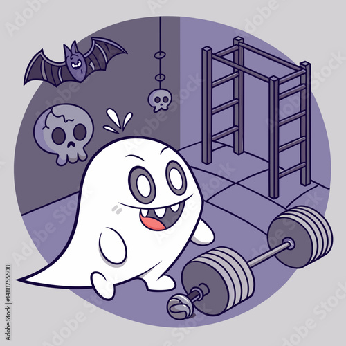 Funny ghost doing deadlifts in a haunted fitness cente