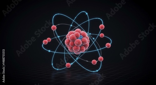Atomic Structure Animation Rotating Electrons - Science, atom, electrons, nucleus, energy. A dynamic visualization of atomic structure with orbiting electrons, symbolizing energy, motion photo