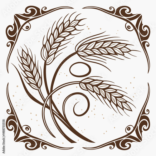 Vintage wheat emblem with ornate border and rustic texture