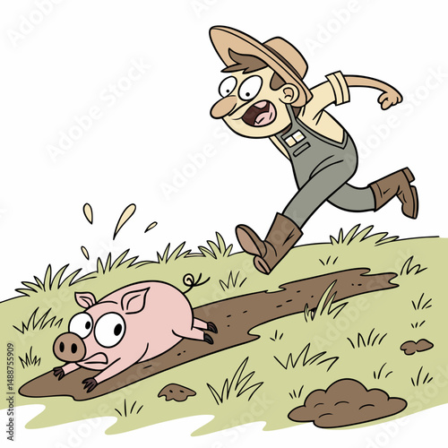Funny farmer chasing runaway pig in muddy cartoon field