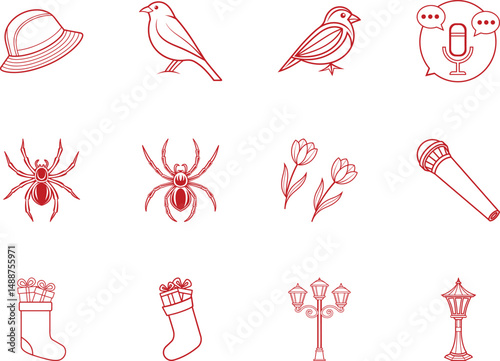 Several disparate red outline icons like birds, spiders, microphones, and lanterns are evenly arranged