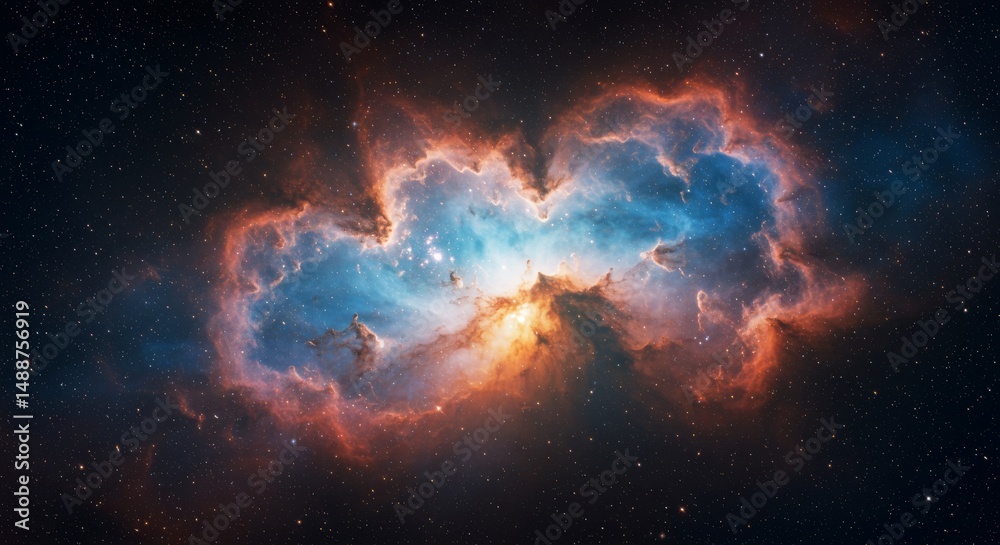Obraz premium Celestial Nebula: Cosmic Dance of Light and Color - A breathtaking of a vibrant nebula, showcasing a stunning array of colors and cosmic dust. Perfect for science, space, and astronomy projects