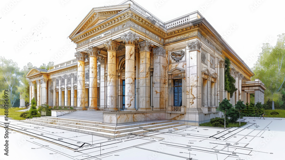 Fototapeta premium Architecture, line drawing, vector lines, central main building, ultra high definition, white background, clean Architecture.