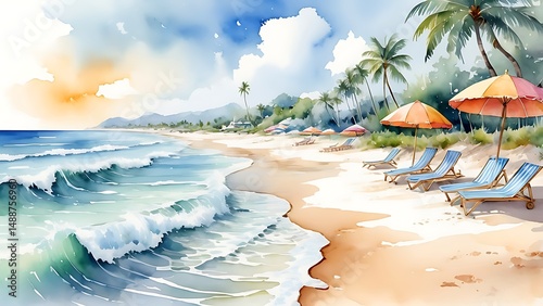 Watercolor beach scene, sea or ocean shore, summer vacation background.