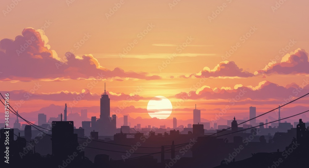 Naklejka premium Cityscape Sunset Panorama - Stunning illustration of a city skyline at sunset, with a vibrant sky and silhouetted buildings