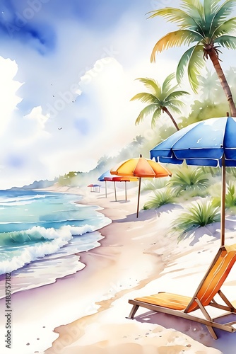 Watercolor beach scene, sea or ocean shore, summer vacation background.