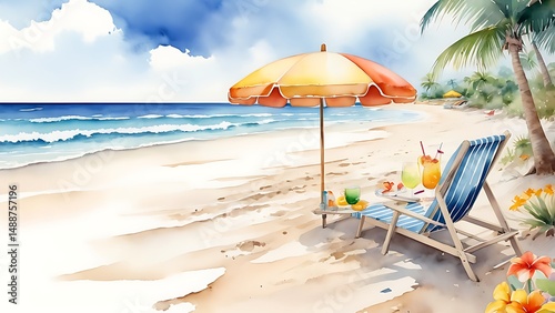 Watercolor beach scene, sea or ocean shore, summer vacation background.