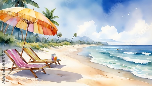Watercolor beach scene, sea or ocean shore, summer vacation background.