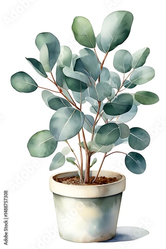 Watercolor eucalyptus plant in a pot isolated on white background.