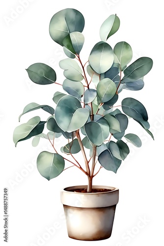 Watercolor eucalyptus plant in a pot isolated on white background.