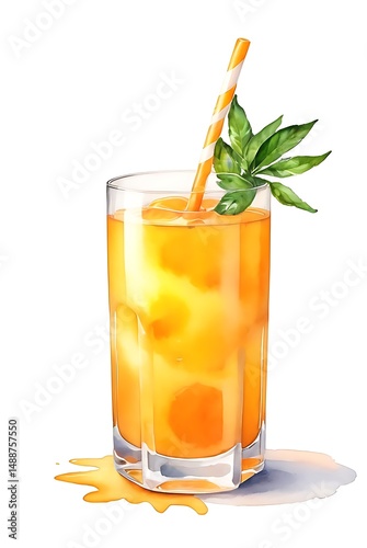 Watercolor glass of orange juice isolated on clear white background.