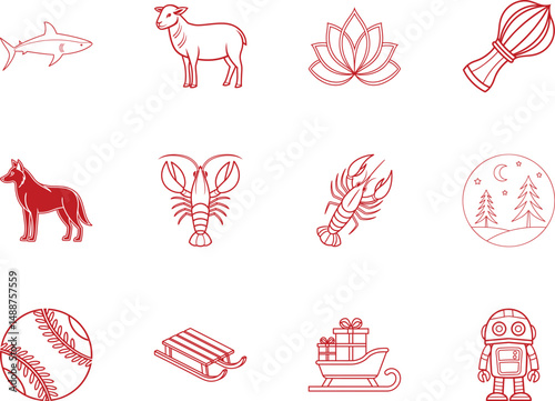 Outlined shark, sheep, lotus, whisk, dog, lobster, forest, sleigh, and robot icons