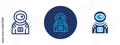 Set of 5 pixel perfect colored Astronaut or cosmonaut icon with 1 unexpanded, 1 silhouette,  Person in space suit representing space explorer.