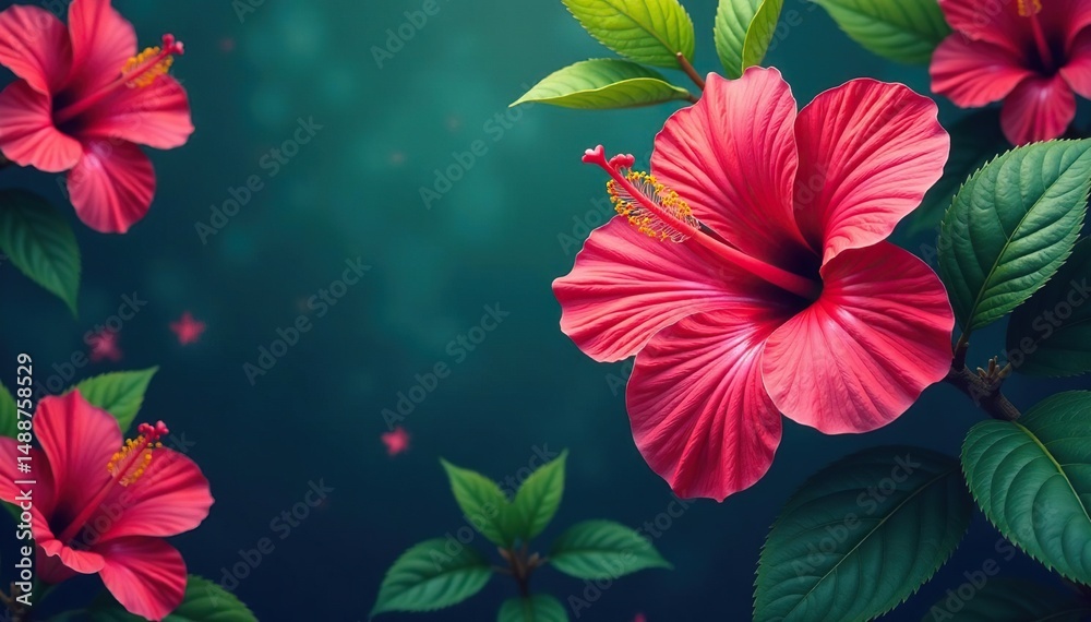 Fototapeta premium Bold vibrant hibiscus & tropical foliage, endless design, tropical, leaves, tropical pattern