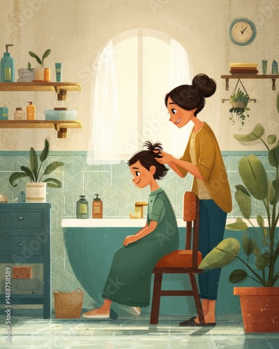A mother lovingly brushes her young daughter's hair in their bathroom. Warm, soft light fills the space, creating a tranquil scene.