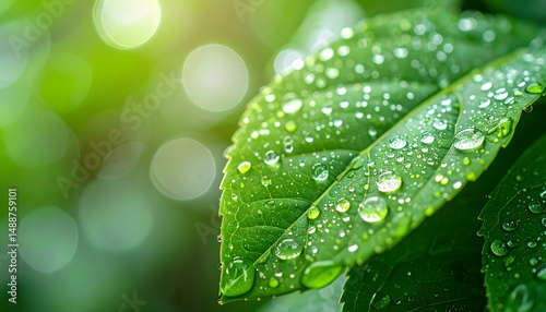 Vibrant Green Leaf with Dew Drops Nature Background Sunlight photo