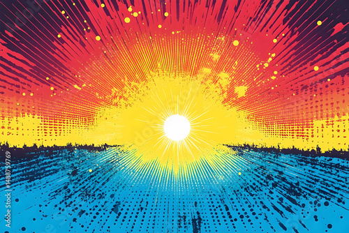 A vibrant digital abstract of a bright sun rising above a textured sea, with burst-like radial lines