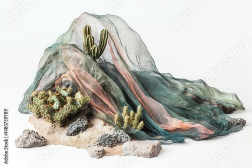 Still life with cacti, volcanic rocks, sand, and draped netting creates a surreal desert landscape.