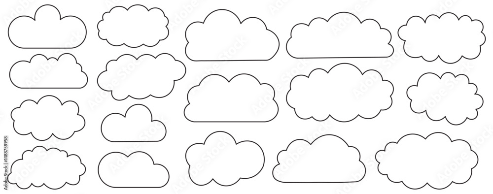 Fototapeta premium collection of black silhouette clouds in various shapes and sizes. Black Clouds silhouettes set. Fluffy clouds icon set. Vector set of clouds. Cute fluffy, Minimalist bubbly clouds collection.