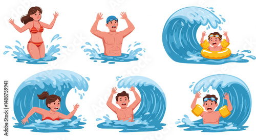 Set of Cartoon People in Swimwear Struggling in Water Safety Awareness Vector Illustration