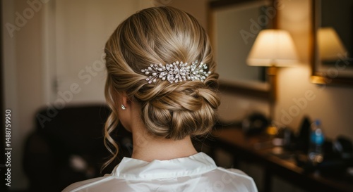 Elegant Bridal Updo with Crystal Hair Comb - Bridal hair , low bun, wedding preparation, crystal accessory, sophisticated elegance photo