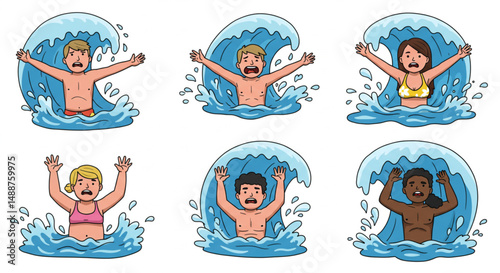 Drowning People Cartoon Characters in Water Vector Illustration
