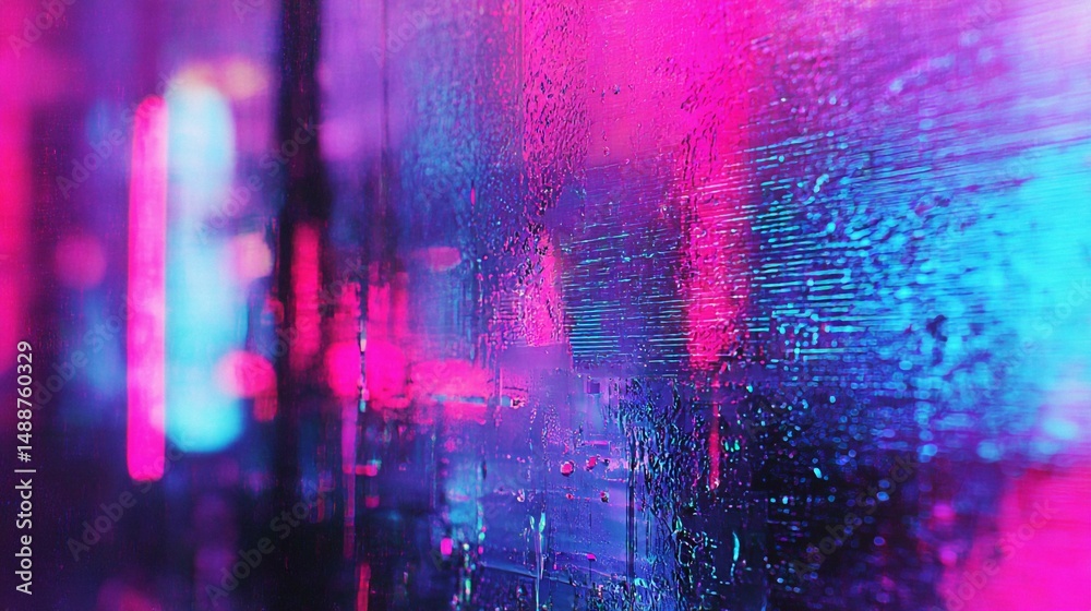 Obraz premium Abstract Neon Cityscape Through Wet Glass at Night