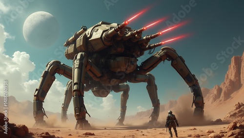 Giant robotic spider on desert landscape dramatic lighting