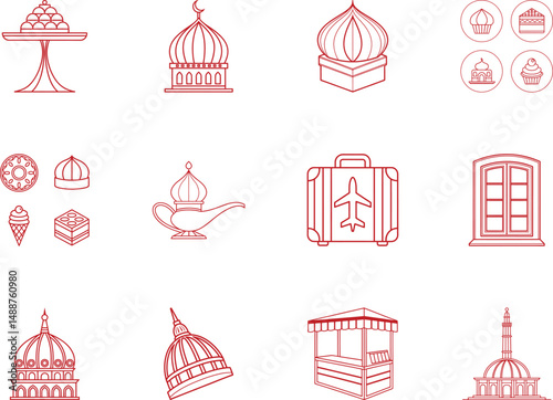 Isolated red line drawings showcase sweets, mosques, luggage, and other common objects on white