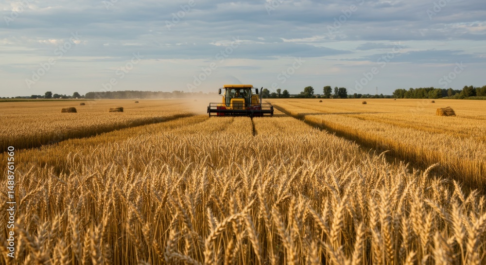 Fototapeta premium Golden Wheat Harvest - A combine harvester works in a vast field of ripe golden wheat under a partly cloudy sky