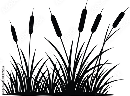 Minimalist black and white silhouette of cattails and tall grass serene nature scene

