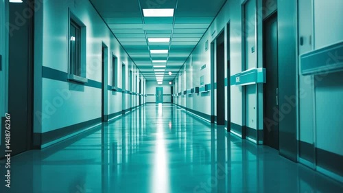 A Long Hospital Corridor: Teal Interior Design and Architecture