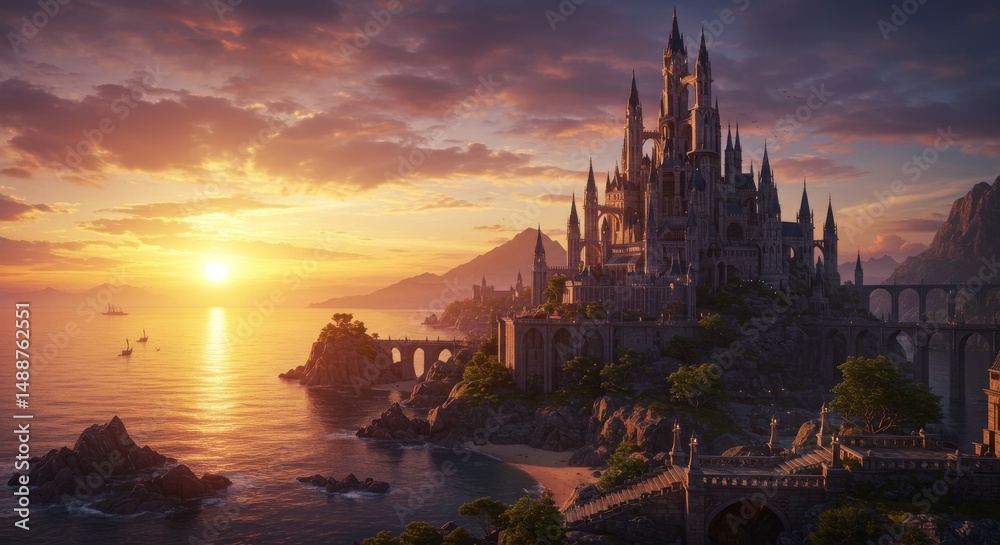 Naklejka premium Majestic Coastal Castle at Sunset - A breathtaking view of a grand castle perched on a cliff overlooking a serene ocean at sunset. Ships sail on the calm waters
