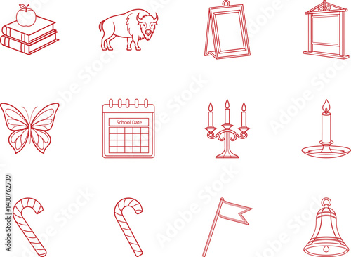 Line art illustration shows diverse icons, including books, buffalo, calendar, and candles over white