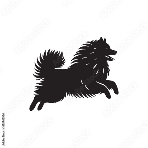Keeshond dog silhouette, fluffy coat, friendly companion, alert expression, curled tail, spitz breed, medium size, thick fur, charming, intelligent, playful, loyal, house pet, furry outline, cheerful,