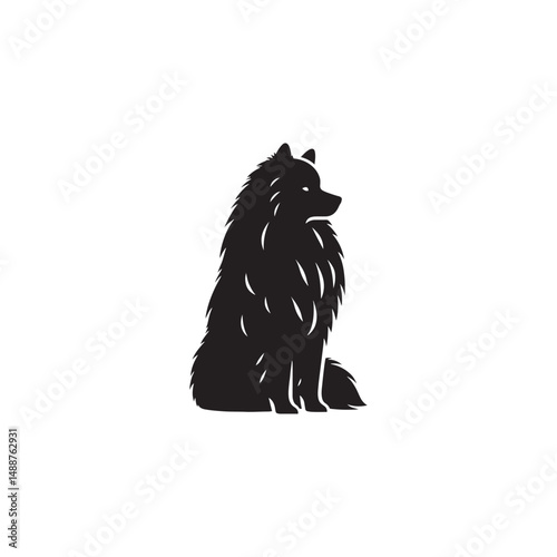 Keeshond dog silhouette, fluffy coat, friendly companion, alert expression, curled tail, spitz breed, medium size, thick fur, charming, intelligent, playful, loyal, house pet, furry outline, cheerful,
